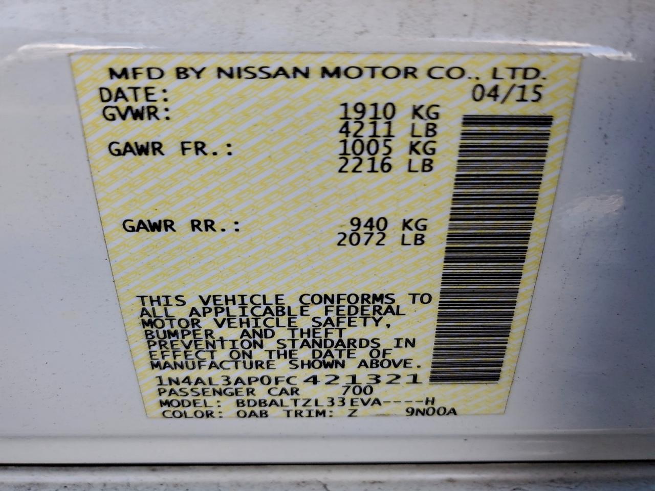 2015 Nissan Altima 2.5 VIN: 1N4AL3AP0FC421321 Lot: 93868035