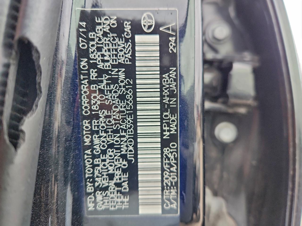 2014 Toyota Prius C VIN: JTDKDTB39E1568612 Lot: 93739855