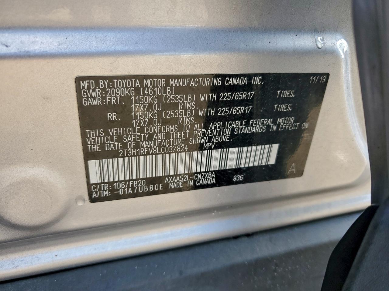 2020 Toyota Rav4 Le VIN: 2T3H1RFV8LC037824 Lot: 93833635