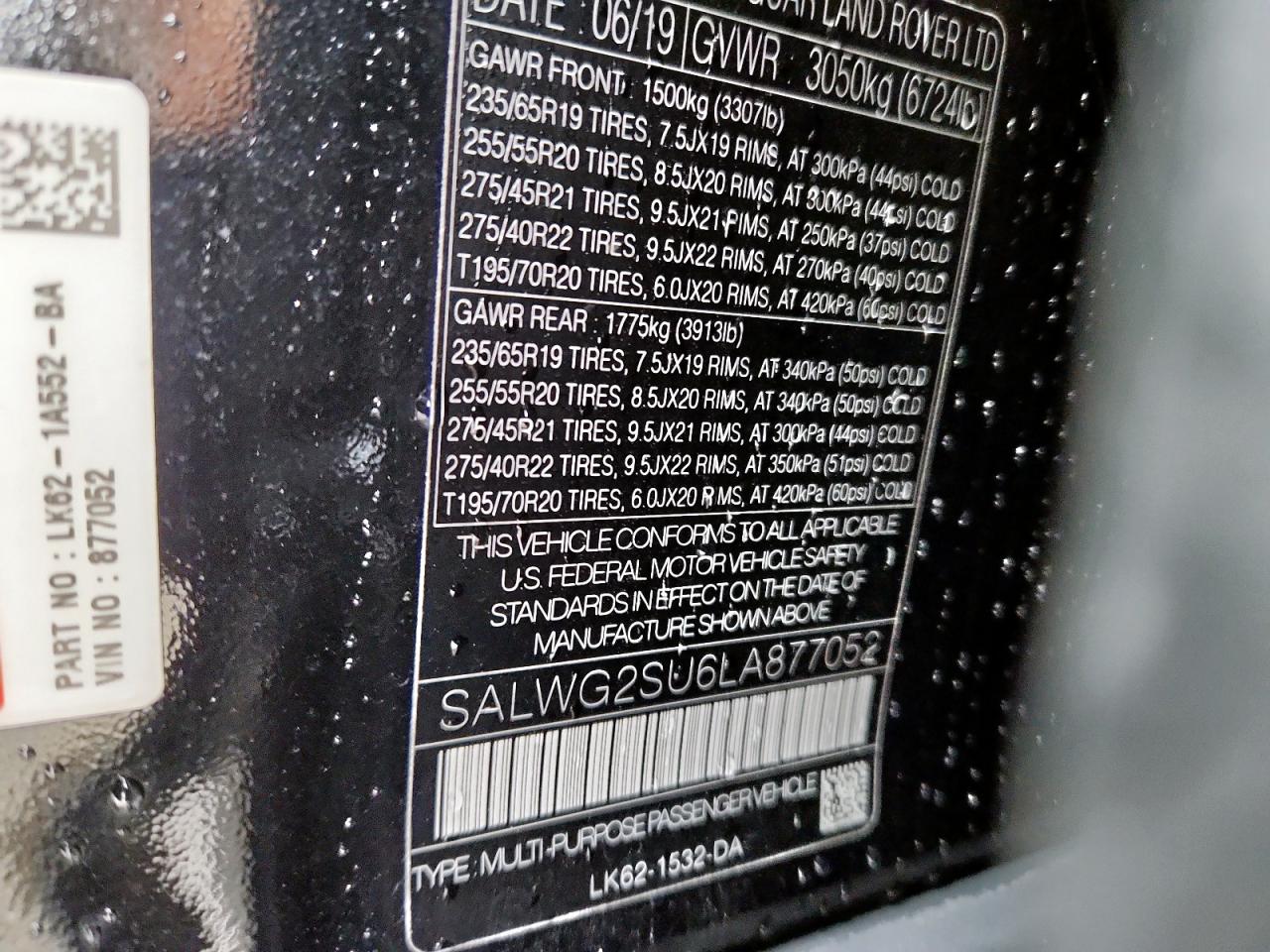 2020 Land Rover Range Rover Sport Se VIN: SALWG2SU6LA877052 Lot: 93403135