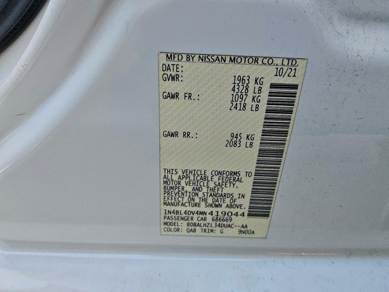 2021 Nissan Altima Sv VIN: 1N4BL4DV4MN419044 Lot: 94414065