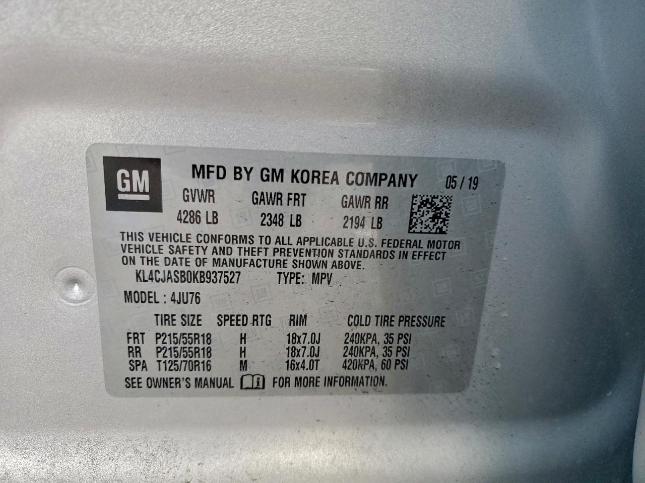 2019 Buick Encore Preferred VIN: KL4CJASB0KB937527 Lot: 94184055