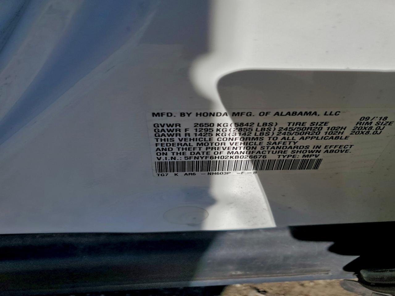 2019 Honda Pilot Elite VIN: 5FNYF6H02KB026676 Lot: 93541145