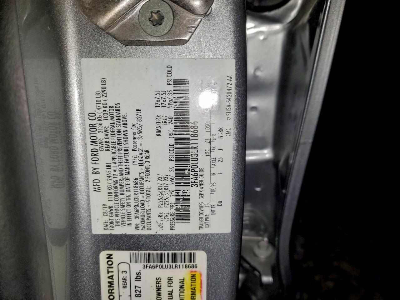 2020 Ford Fusion Se VIN: 3FA6P0LU3LR118686 Lot: 93944915