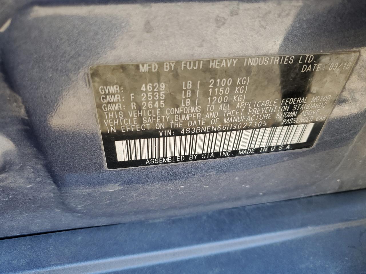 2017 Subaru Legacy 3.6R Limited VIN: 4S3BNEN66H3027105 Lot: 91944535