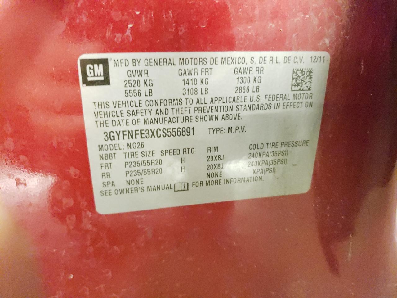 2012 Cadillac Srx Premium Collection VIN: 3GYFNFE3XCS556891 Lot: 91781015