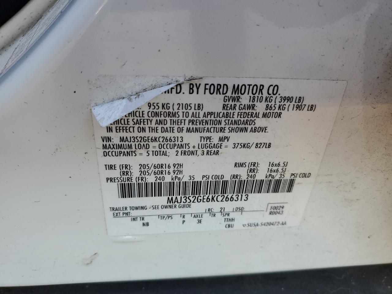 2019 Ford Ecosport Se VIN: MAJ3S2GE6KC266313 Lot: 91896425