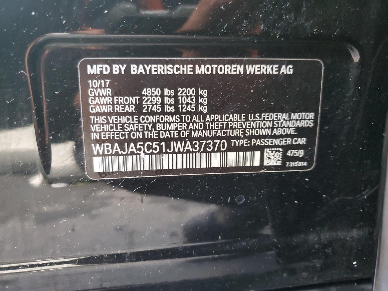 2018 BMW 530 I VIN: WBAJA5C51JWA37370 Lot: 92318535