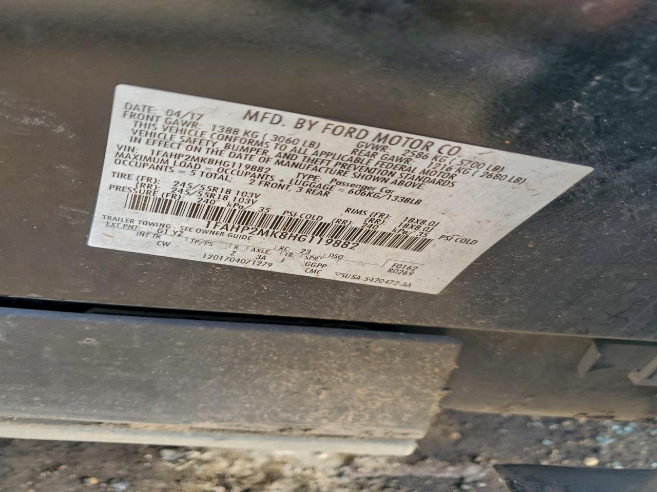 2017 Ford Taurus Police Interceptor VIN: 1FAHP2MK8HG119882 Lot: 94051375