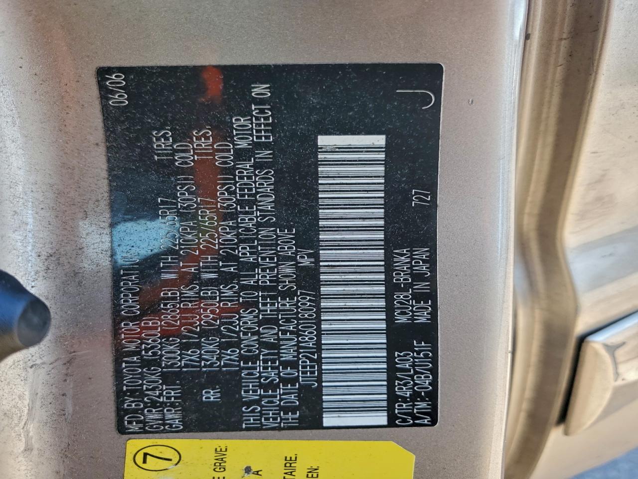 2006 Toyota Highlander Limited VIN: JTEEP21A860180997 Lot: 93195655