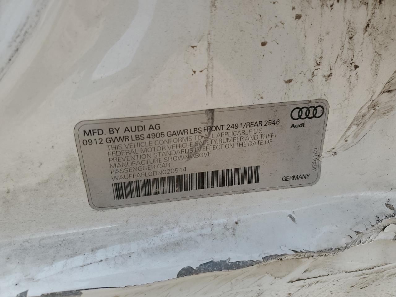 2013 Audi A4 Premium Plus VIN: WAUFFAFL0DN020514 Lot: 91984125