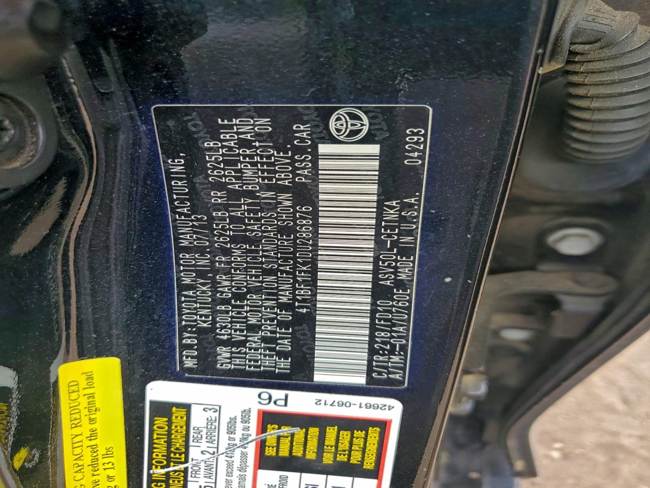 2013 Toyota Camry L VIN: 4T1BF1FK1DU286876 Lot: 94064655