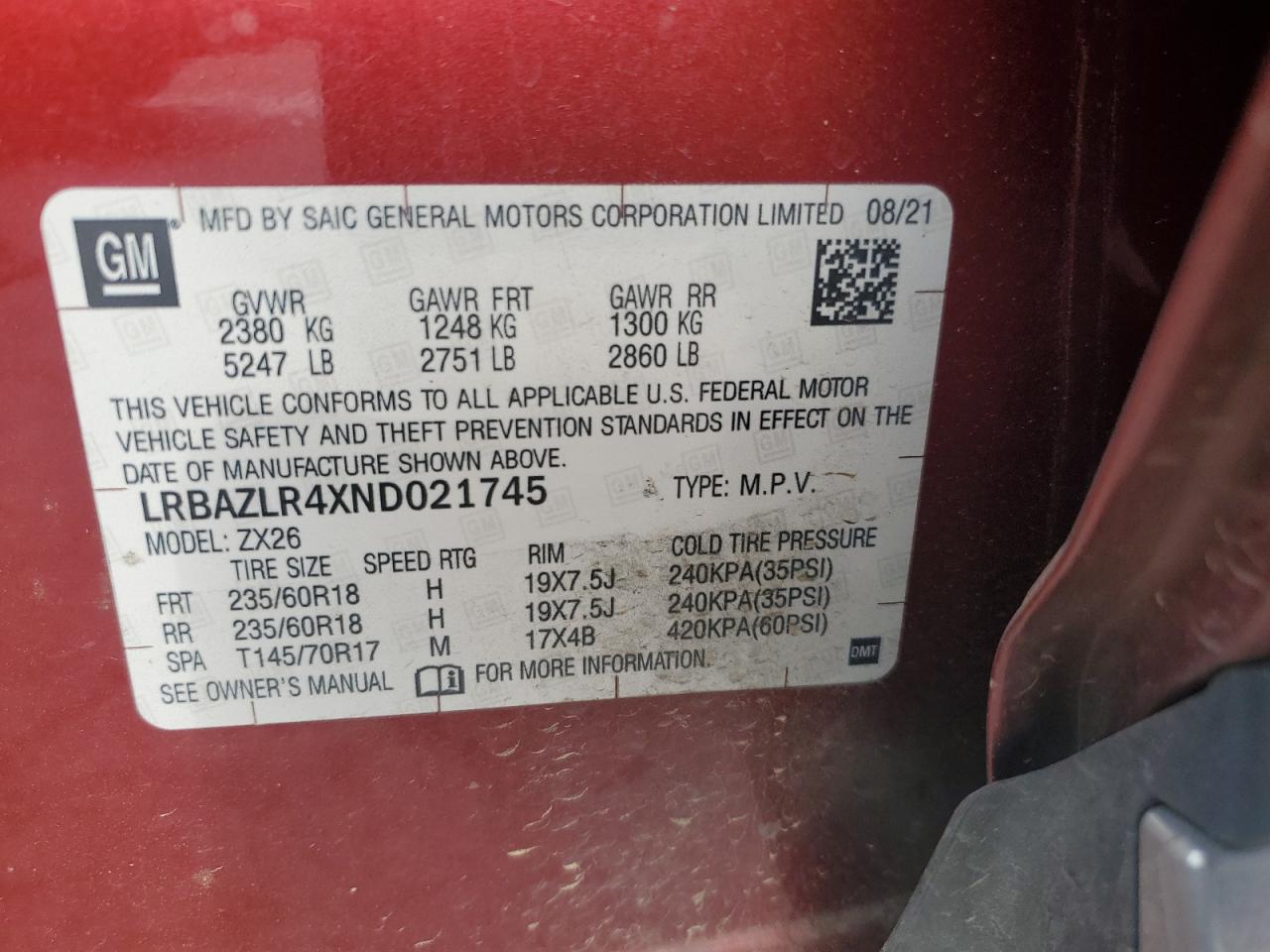 2022 Buick Envision Preferred VIN: LRBAZLR4XND021745 Lot: 91006905