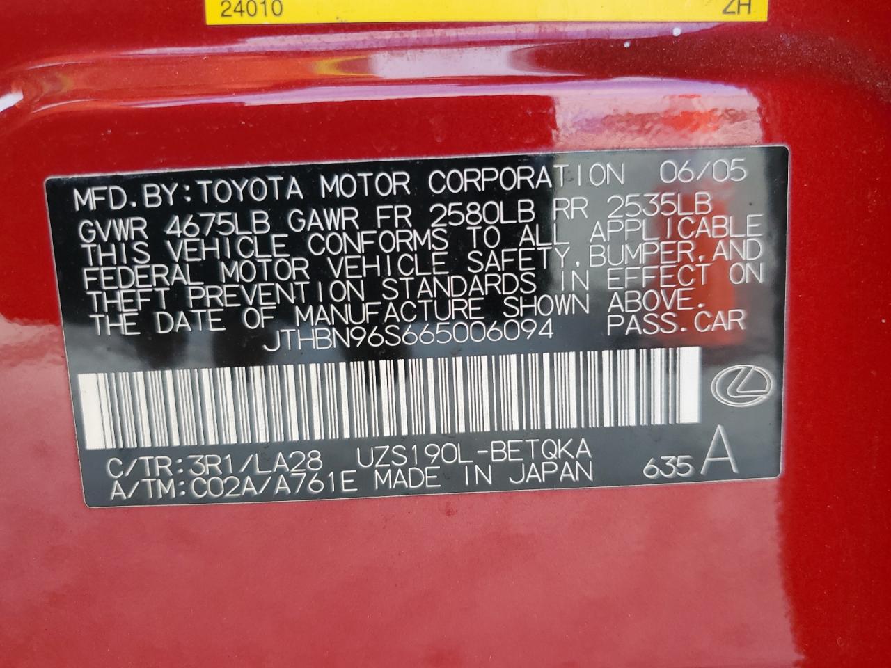 2006 Lexus Gs 430 VIN: JTHBN96S665006094 Lot: 91379335