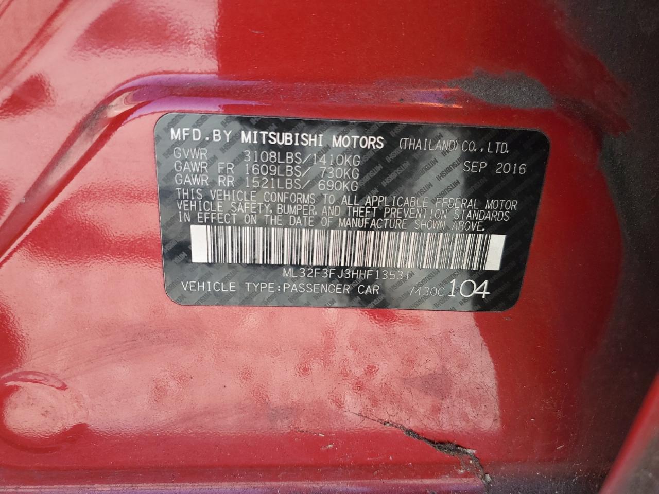 2017 Mitsubishi Mirage G4 Es VIN: ML32F3FJ3HHF13531 Lot: 91171815