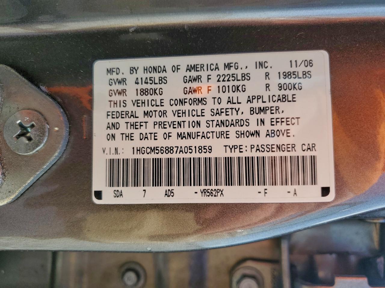 2007 Honda Accord Ex VIN: 1HGCM56887A051859 Lot: 94281225