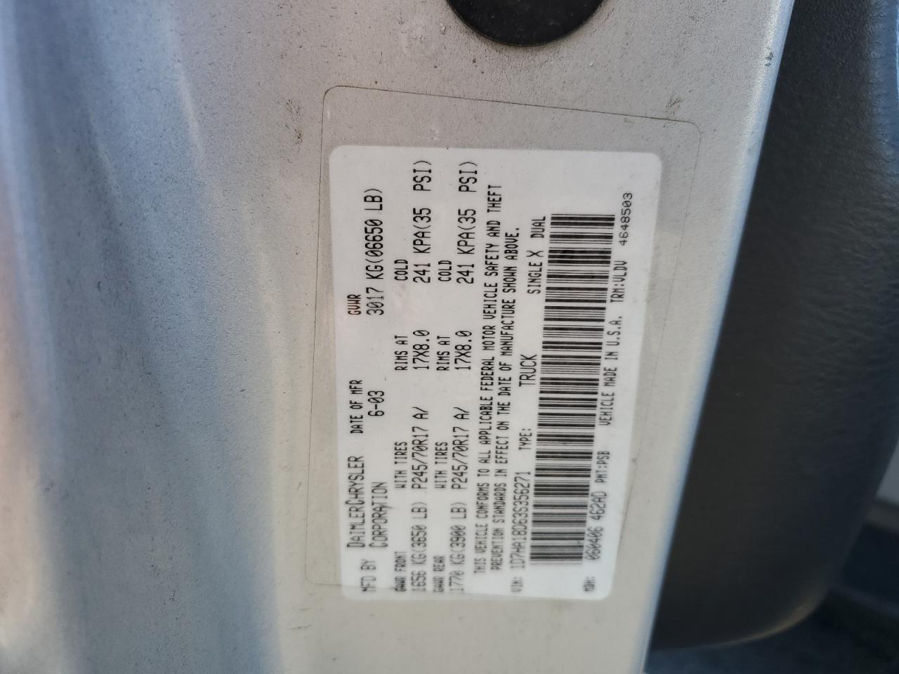 2003 Dodge Ram 1500 St VIN: 1D7HA18D63S356271 Lot: 91830905