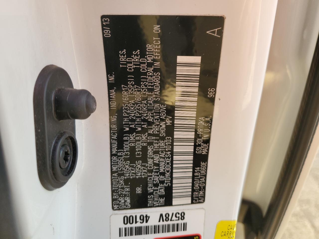 2014 Toyota Sienna Xle VIN: 5TDYK3DCXES410103 Lot: 85434735