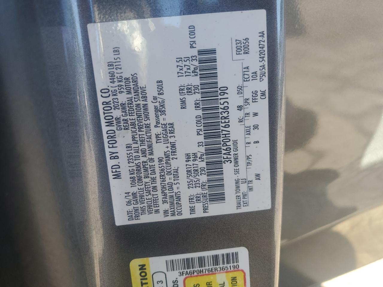 2014 Ford Fusion Se VIN: 3FA6P0H76ER365190 Lot: 90925395