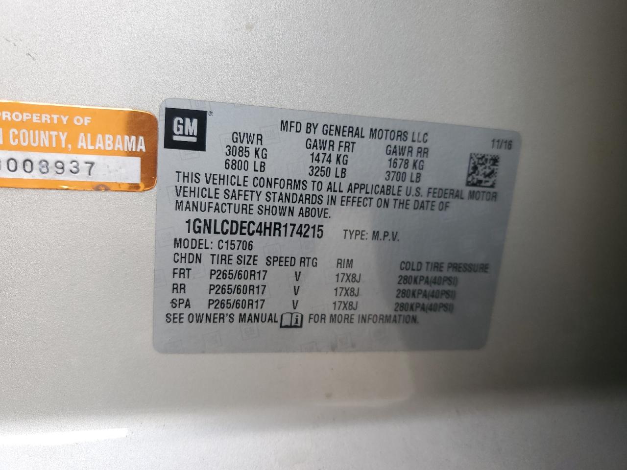 2017 Chevrolet Tahoe Police VIN: 1GNLCDEC4HR174215 Lot: 86476985