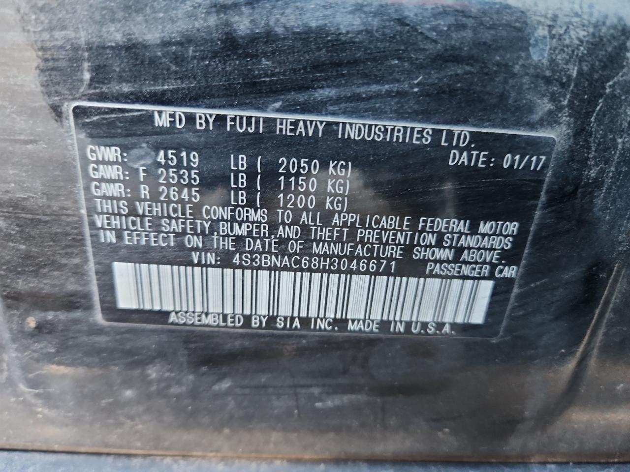 2017 Subaru Legacy 2.5I Premium VIN: 4S3BNAC68H3046671 Lot: 91467985