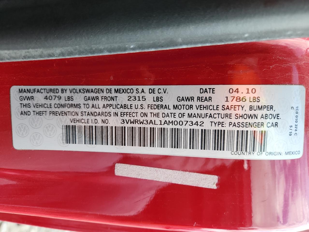 2010 Volkswagen New Beetle VIN: 3VWRW3AL1AM007342 Lot: 92665605