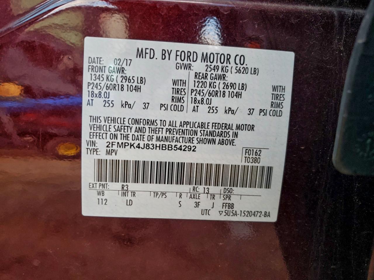 2017 Ford Edge Sel VIN: 2FMPK4J83HBB54292 Lot: 93456005