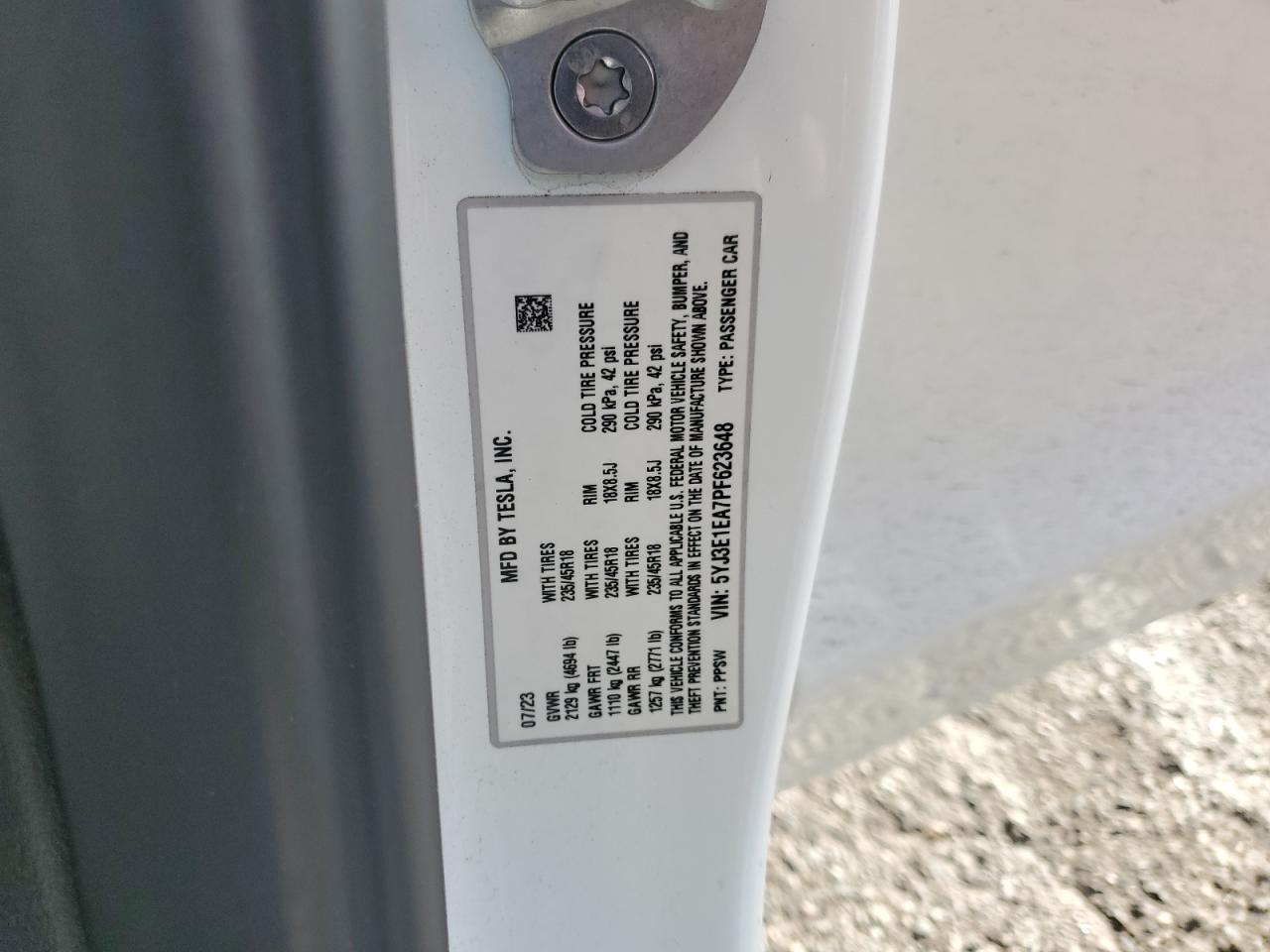 2023 Tesla Model 3 VIN: 5YJ3E1EA7PF623648 Lot: 91026085