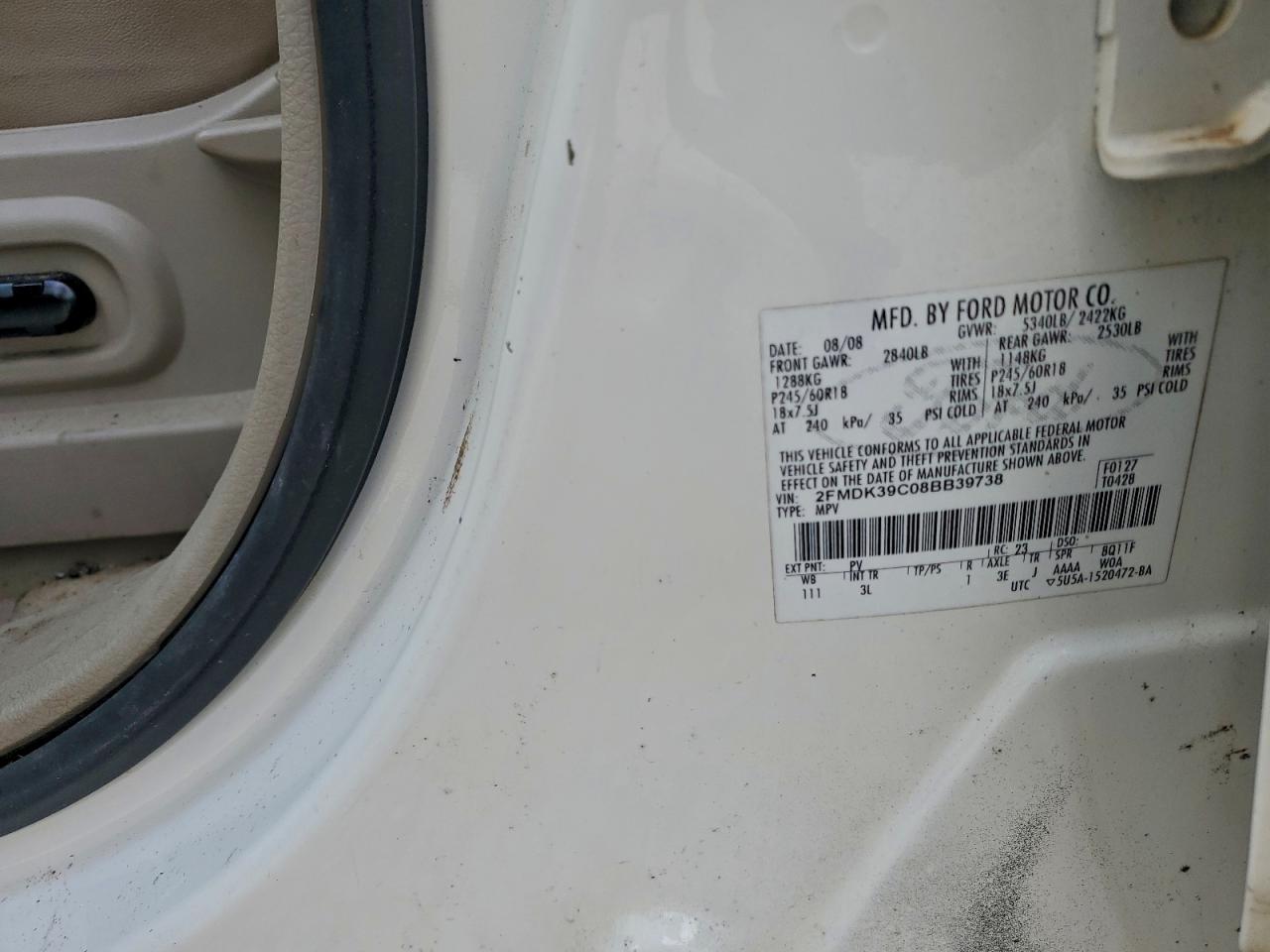 2008 Ford Edge Limited VIN: 2FMDK39C08BB39738 Lot: 92327845