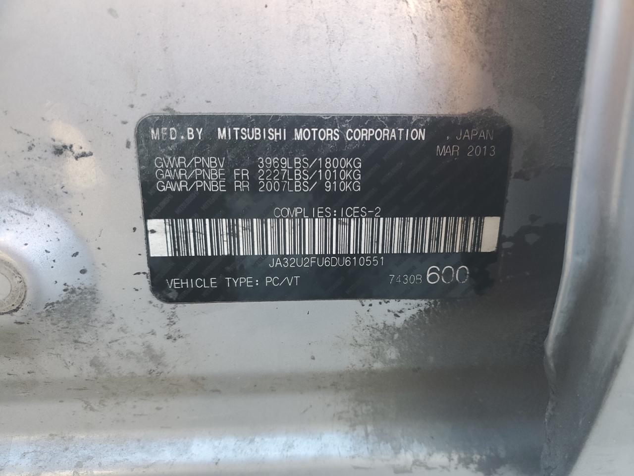 2013 Mitsubishi Lancer Es/Es Sport VIN: JA32U2FU6DU610551 Lot: 90935235