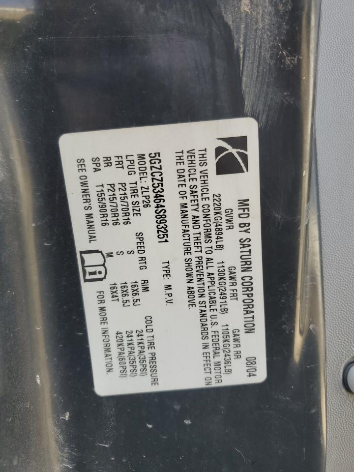 2004 Saturn Vue VIN: 5GZCZ53464S893251 Lot: 92537235