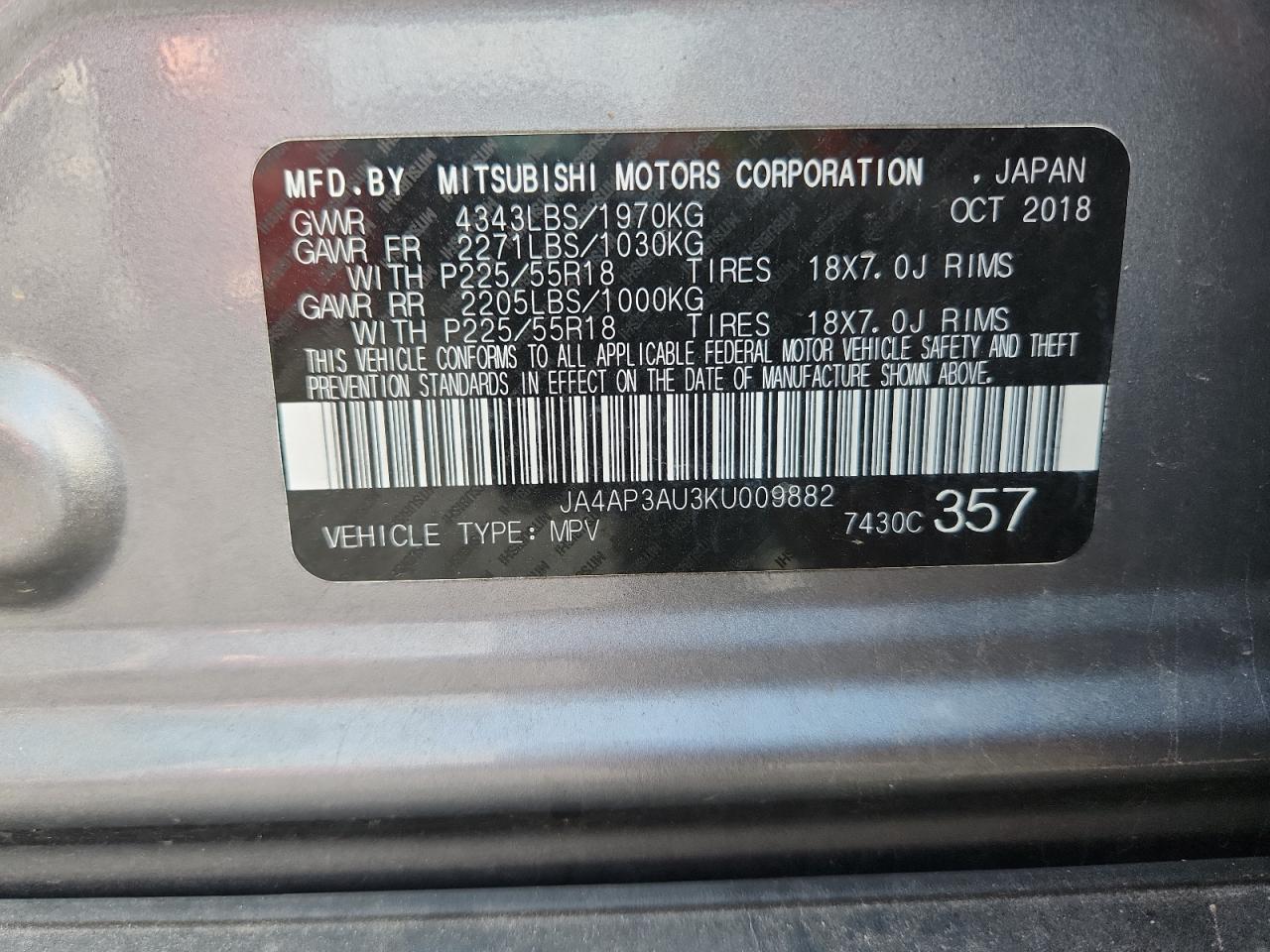 2019 Mitsubishi Outlander Sport Es VIN: JA4AP3AU3KU009882 Lot: 92670005