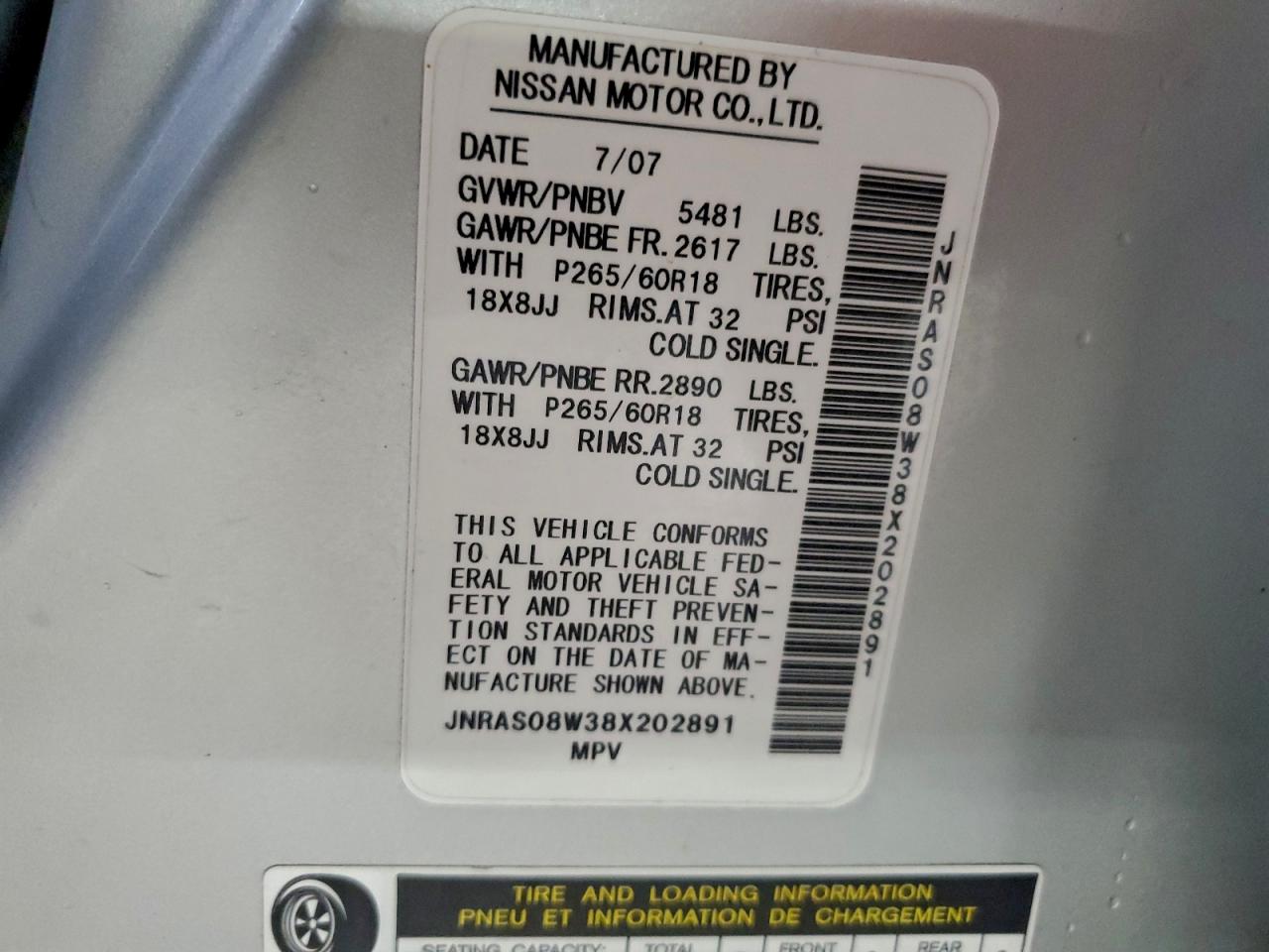 2008 Infiniti Fx35 VIN: JNRAS08W38X202891 Lot: 94150045