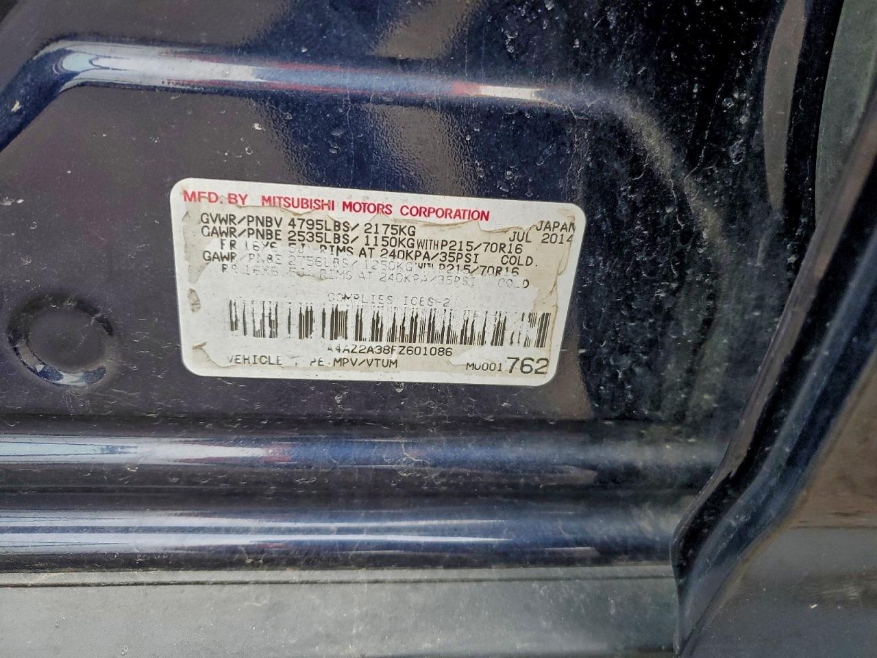 2015 Mitsubishi Outlander Es VIN: JA4AZ2A38FZ601086 Lot: 94289285