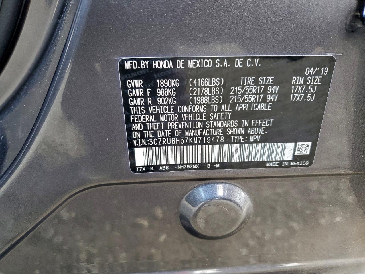 2019 Honda Hr-V Ex VIN: 3CZRU6H57KM719478 Lot: 94511475