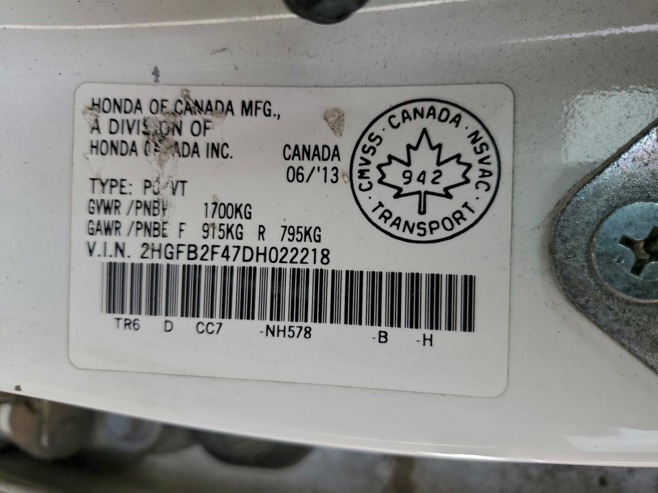 2013 Honda Civic Lx VIN: 2HGFB2F47DH022218 Lot: 94568345