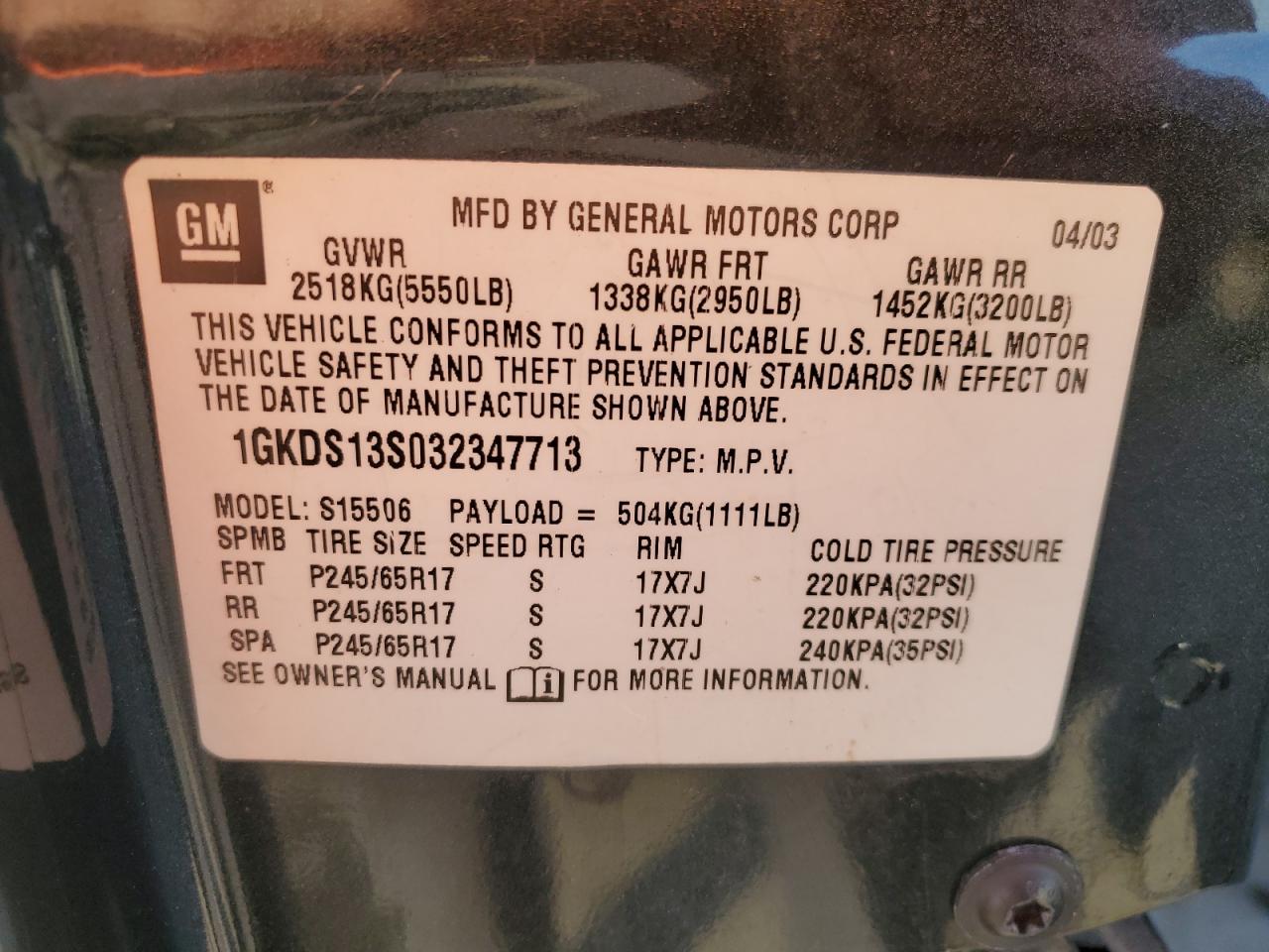 2003 GMC Envoy VIN: 1GKDS13S032347713 Lot: 93146155