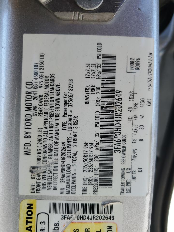 2018 Ford Fusion Se VIN: 3FA6P0HD4JR202649 Lot: 91093915