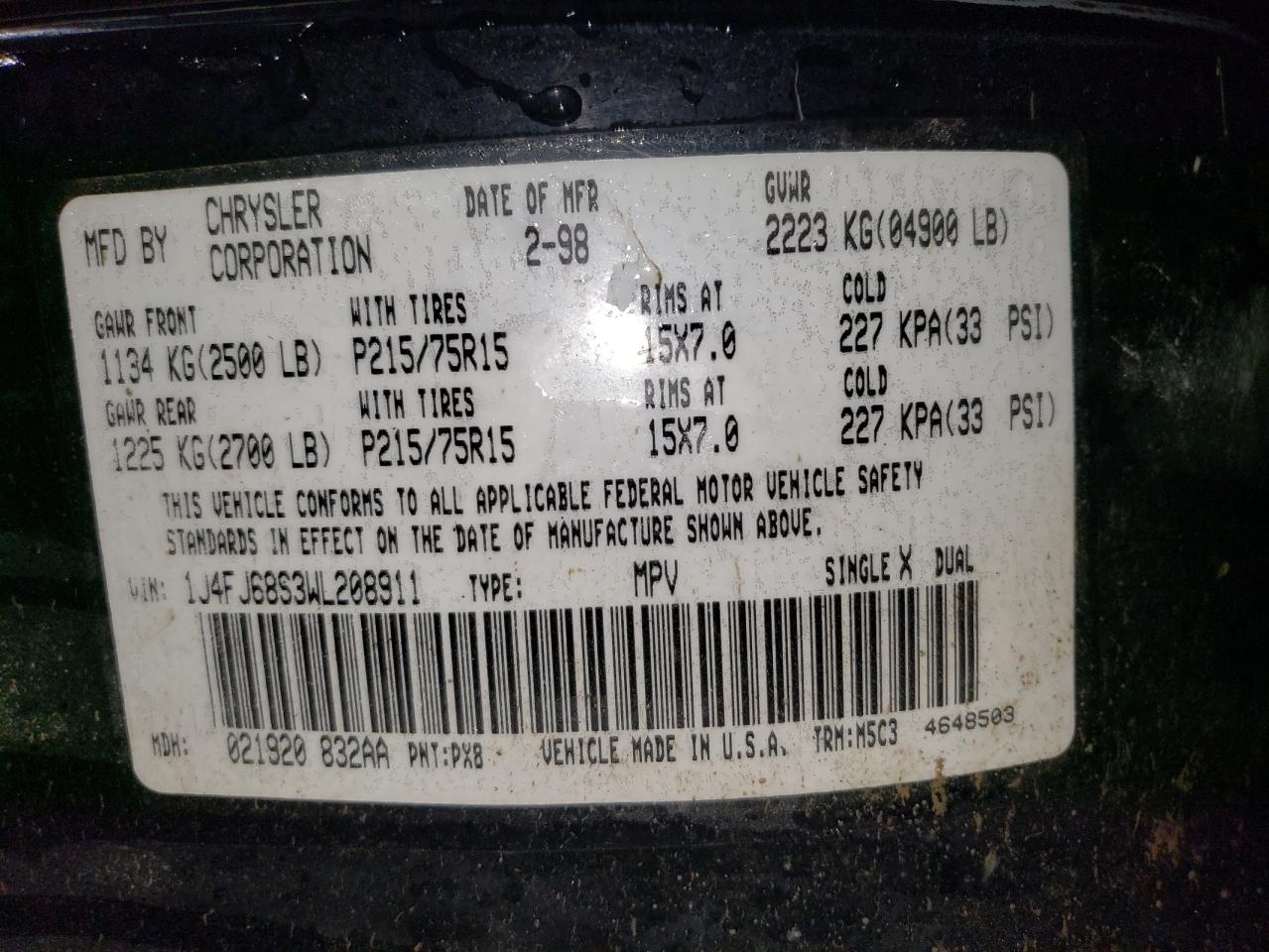 1998 Jeep Cherokee Sport VIN: 1J4FJ68S3WL208911 Lot: 93069505