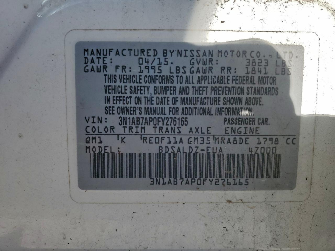 2015 Nissan Sentra S VIN: 3N1AB7AP0FY276165 Lot: 94530515