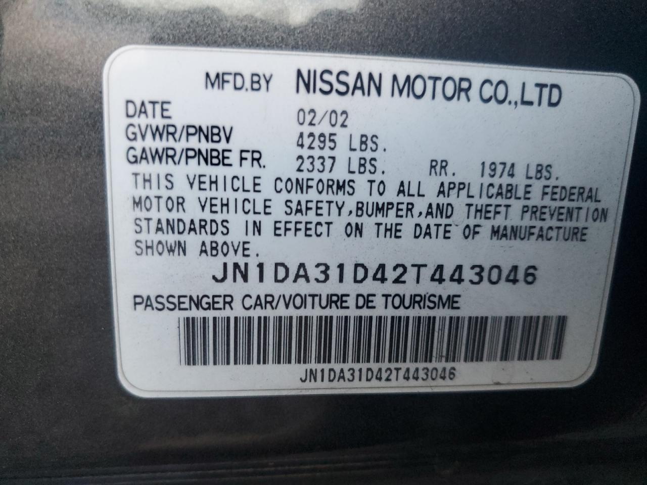 2002 Nissan Maxima Gle VIN: JN1DA31D42T443046 Lot: 92728875