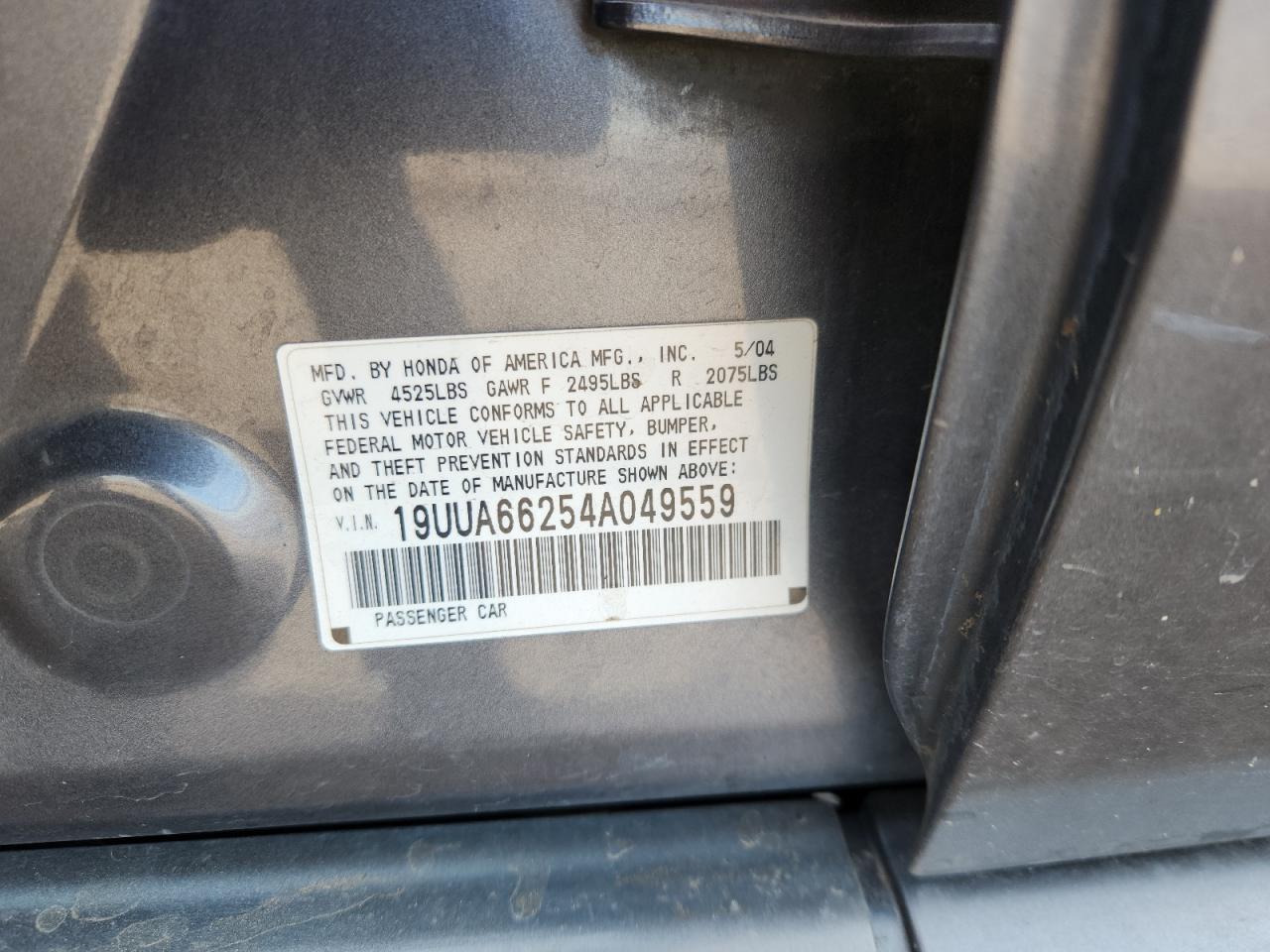 2004 Acura Tl VIN: 19UUA66254A049559 Lot: 91245365