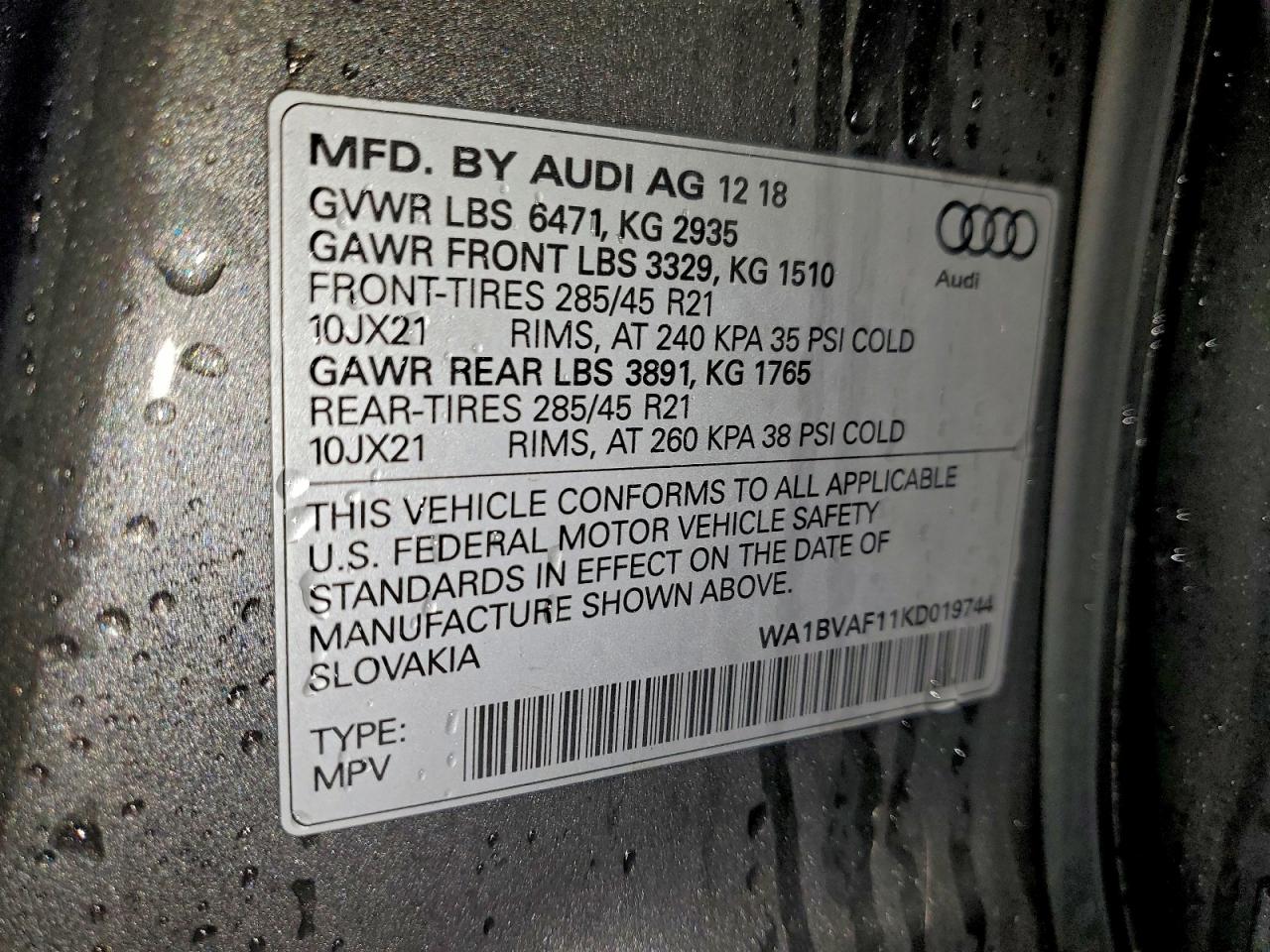 2019 Audi Q8 Premium Plus VIN: WA1BVAF11KD019744 Lot: 93855905