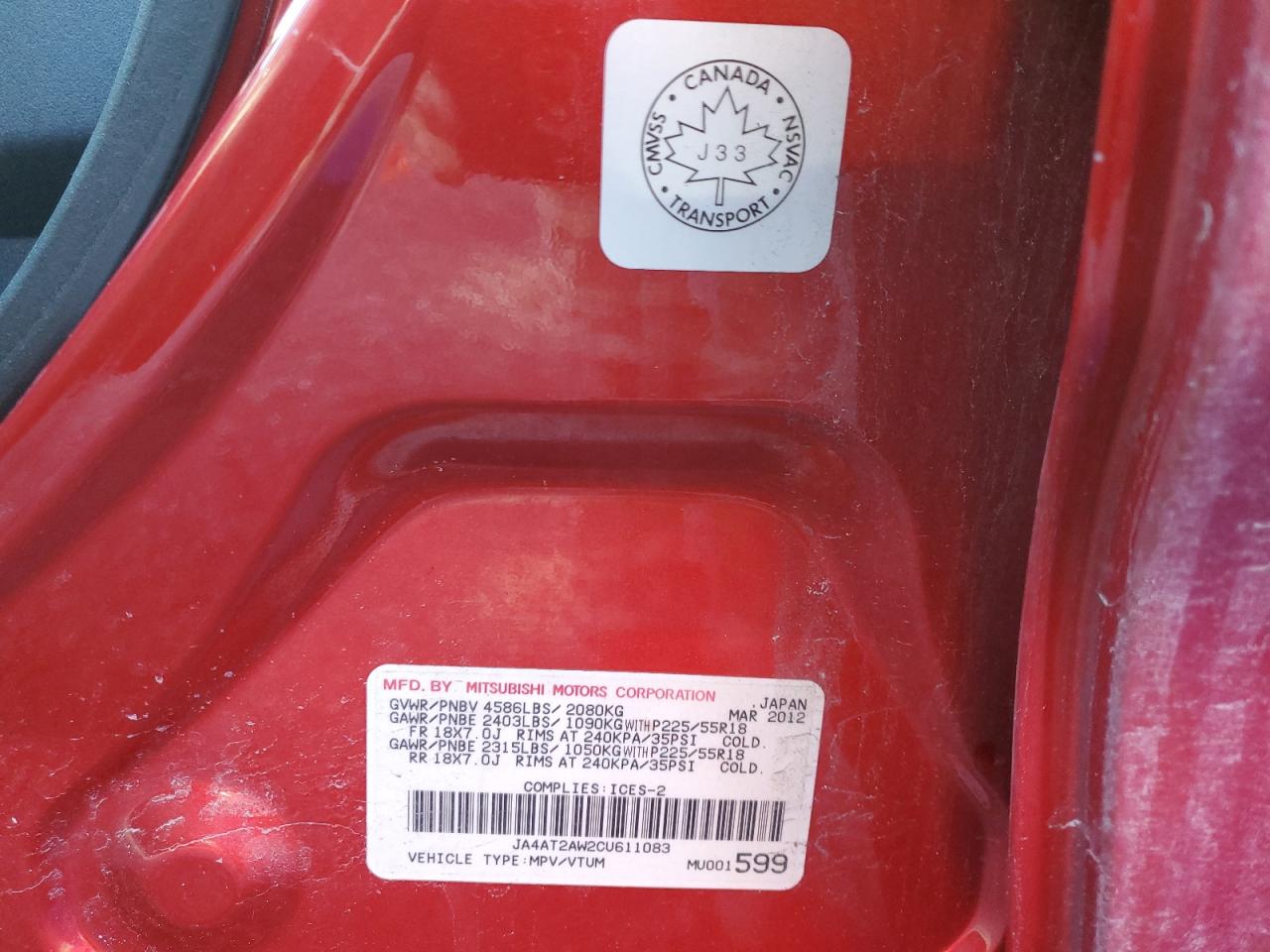 2012 Mitsubishi Outlander Es VIN: JA4AT2AW2CU611083 Lot: 91204535