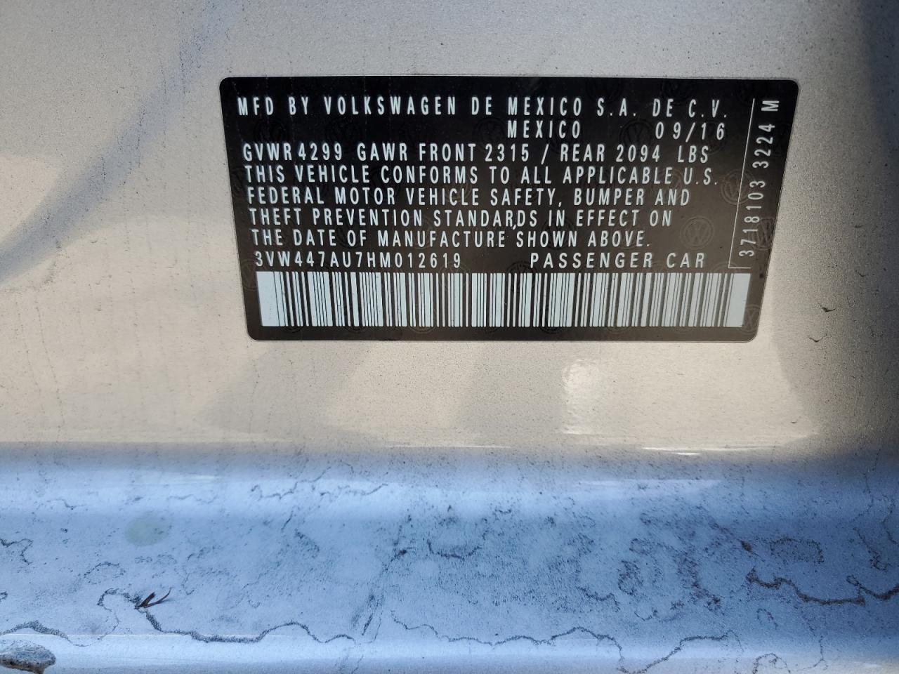 2017 Volkswagen Gti S/Se VIN: 3VW447AU7HM012619 Lot: 93345955