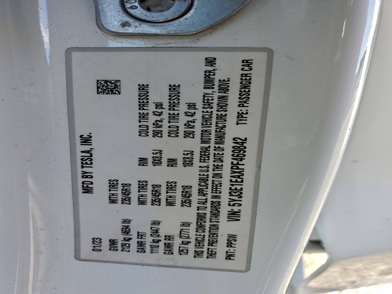 2023 Tesla Model 3 VIN: 5YJ3E1EAXPF469842 Lot: 93053275