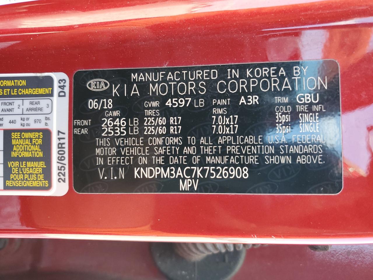 2019 Kia Sportage Lx VIN: KNDPM3AC7K7526908 Lot: 93472925