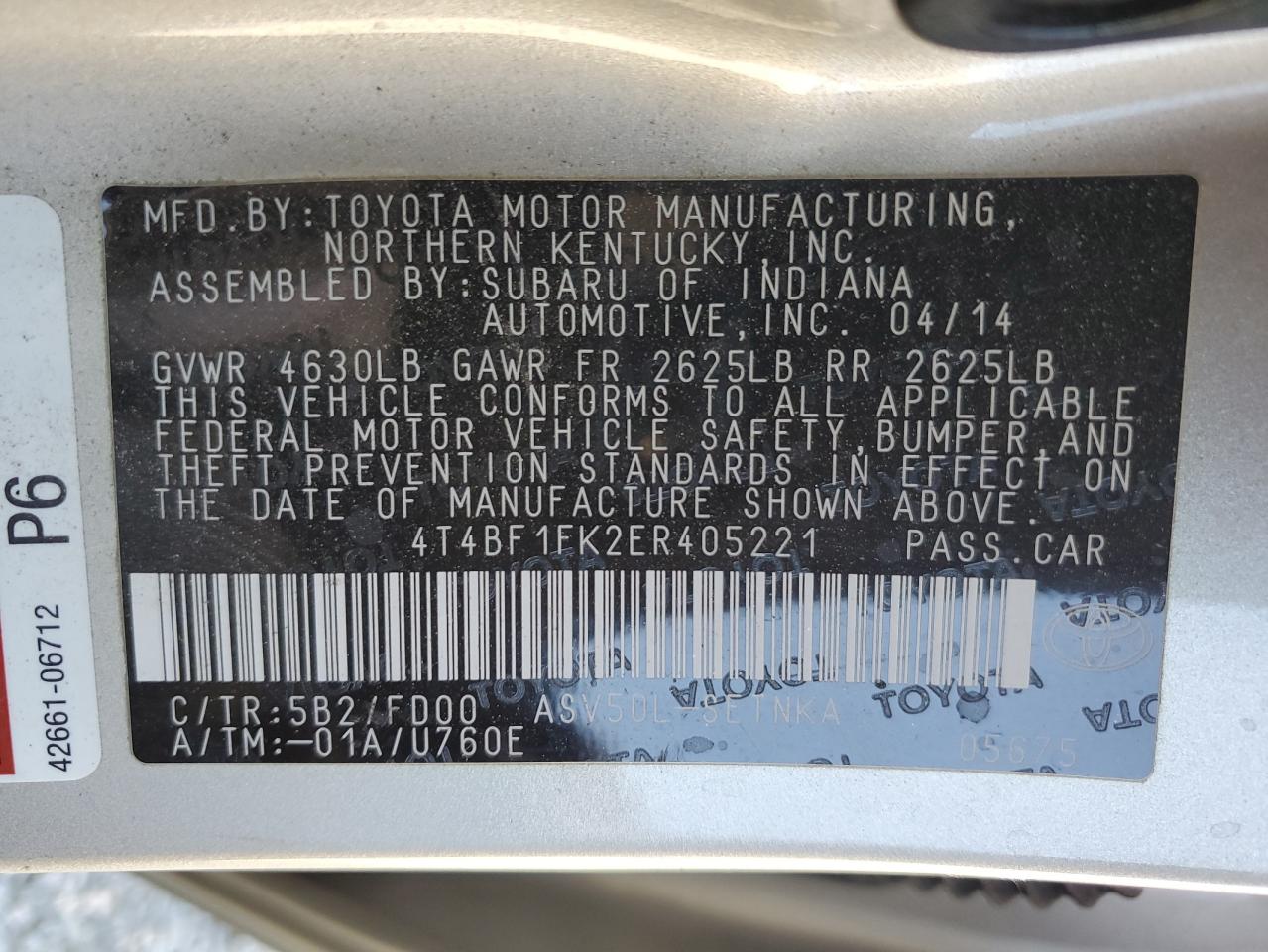 2014 Toyota Camry L VIN: 4T4BF1FK2ER405221 Lot: 91727555