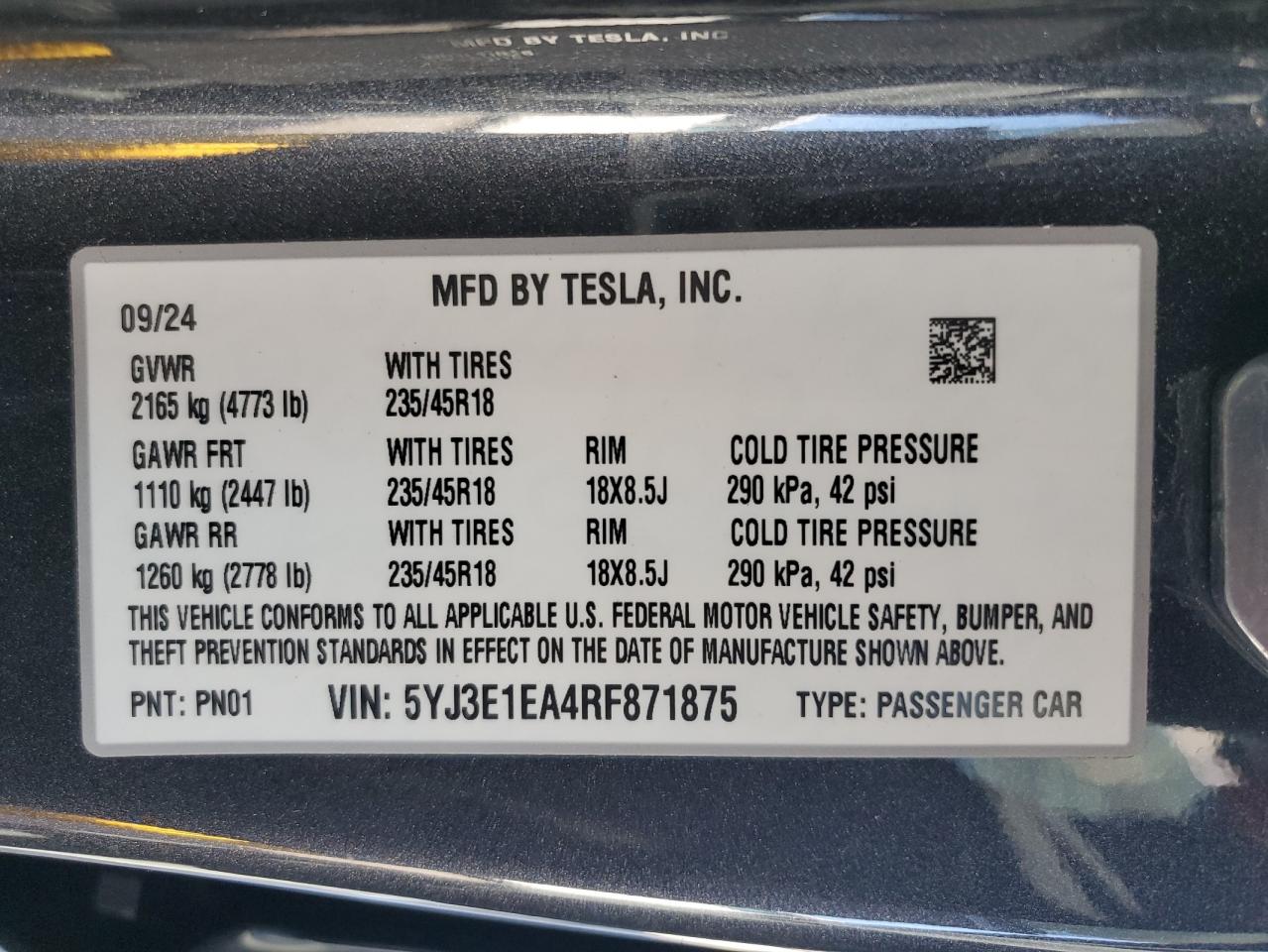 2024 Tesla Model 3 VIN: 5YJ3E1EA4RF871875 Lot: 91102885