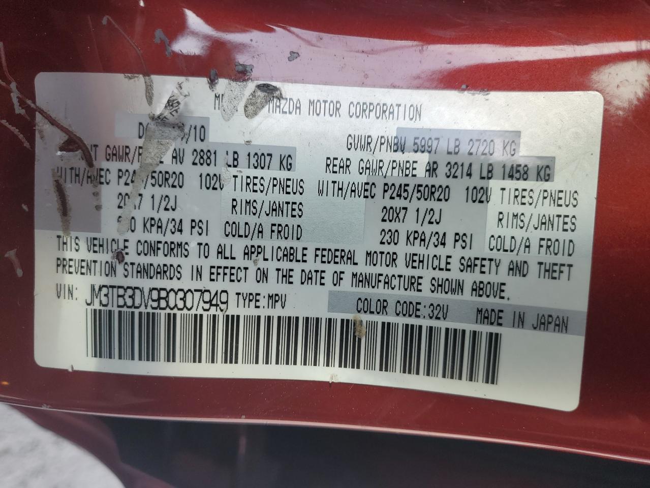 2011 Mazda Cx-9 VIN: JM3TB3DV9B0307949 Lot: 92125745